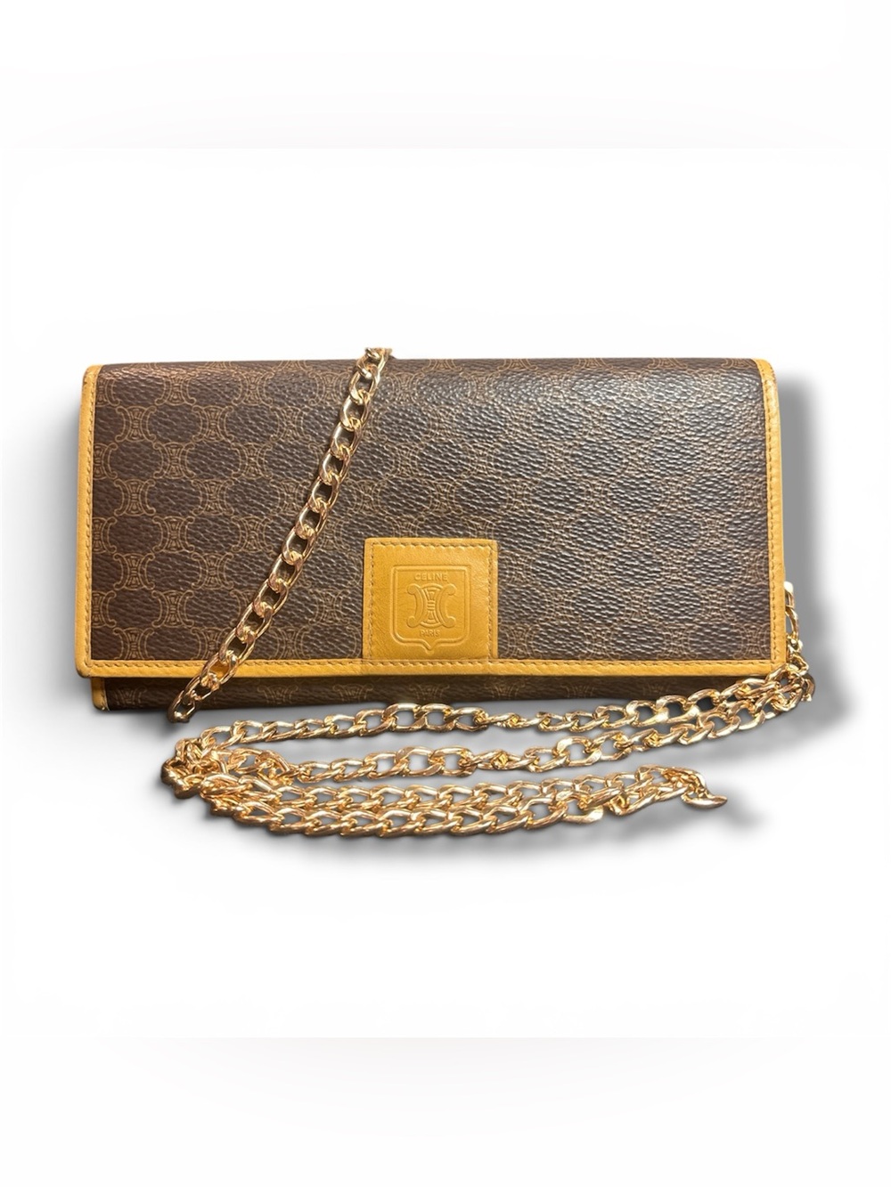Celine Vintage Macadam Long Bifold Wallet Kiss Lock WOC Crossbody Chain Bag M13